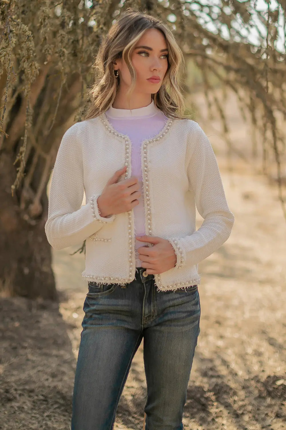 Ivory Josette Frayed Pearl Detail Knit Sweater Jacket