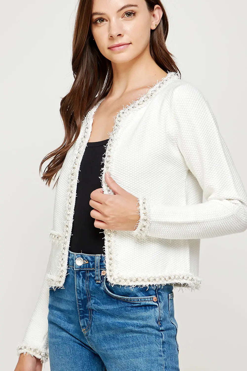 Ivory Josette Frayed Pearl Detail Knit Sweater Jacket
