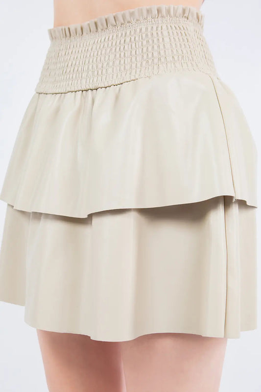 Beige Faux Leather Smocking Skirt