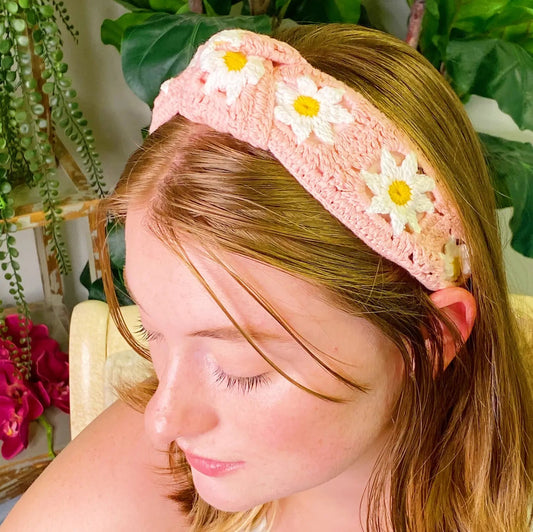 Pink Patchwork Flowers Crocheted Headband
