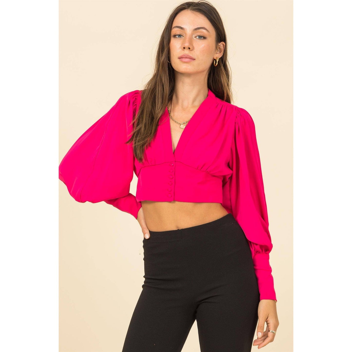 Pink Puff Sleeve Crop Blouse