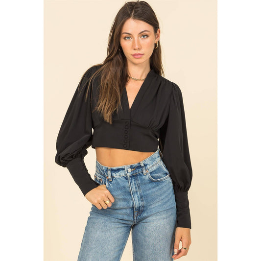 Black Puff Sleeve Crop Blouse