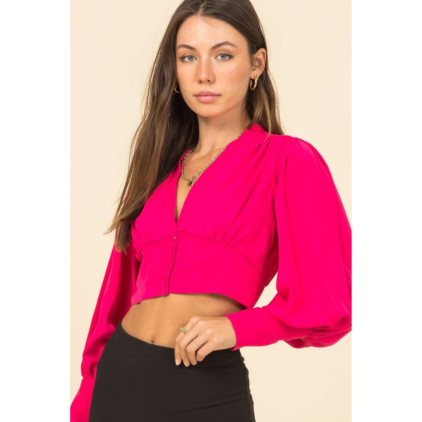 Pink Puff Sleeve Crop Blouse