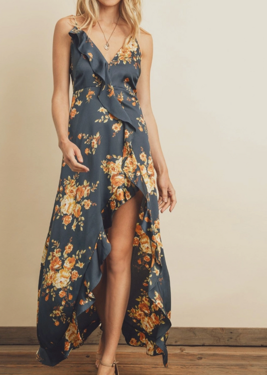 Floral Ruffle Asymmetrical Maxi Dress