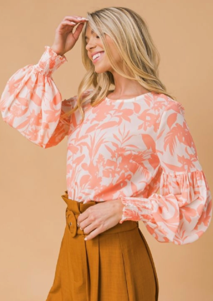 Coral & White Shirring Sleeve Blouse