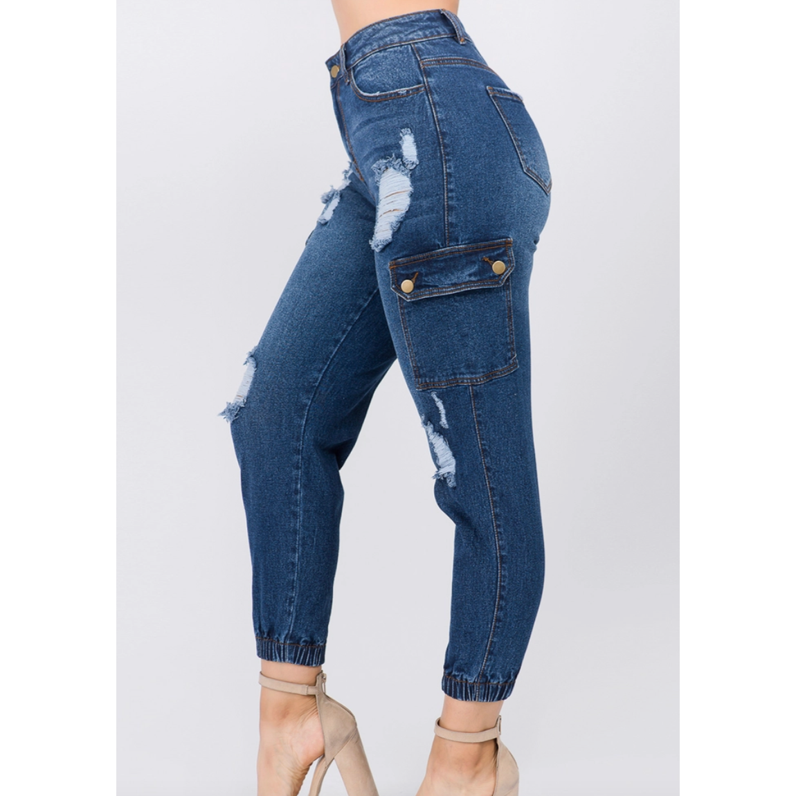 High Waist Distressed Cargo Curvy Fit Joggers Jeans