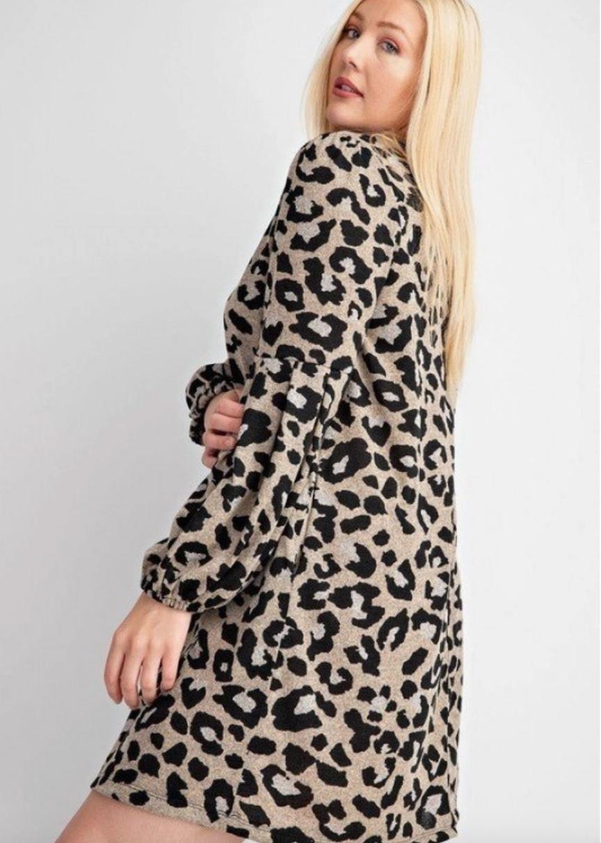 Leopard Bubble Sleeve Swing Curvy Dress