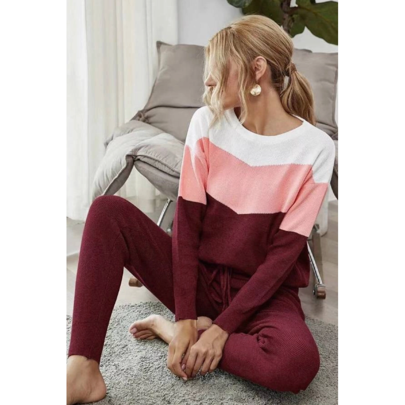 Red Pink & White Loungewear Sweater Set
