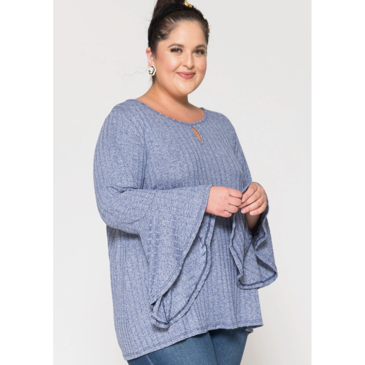 Blue Keyhole Two Tone Bell Sleeve Curvy Fit Top