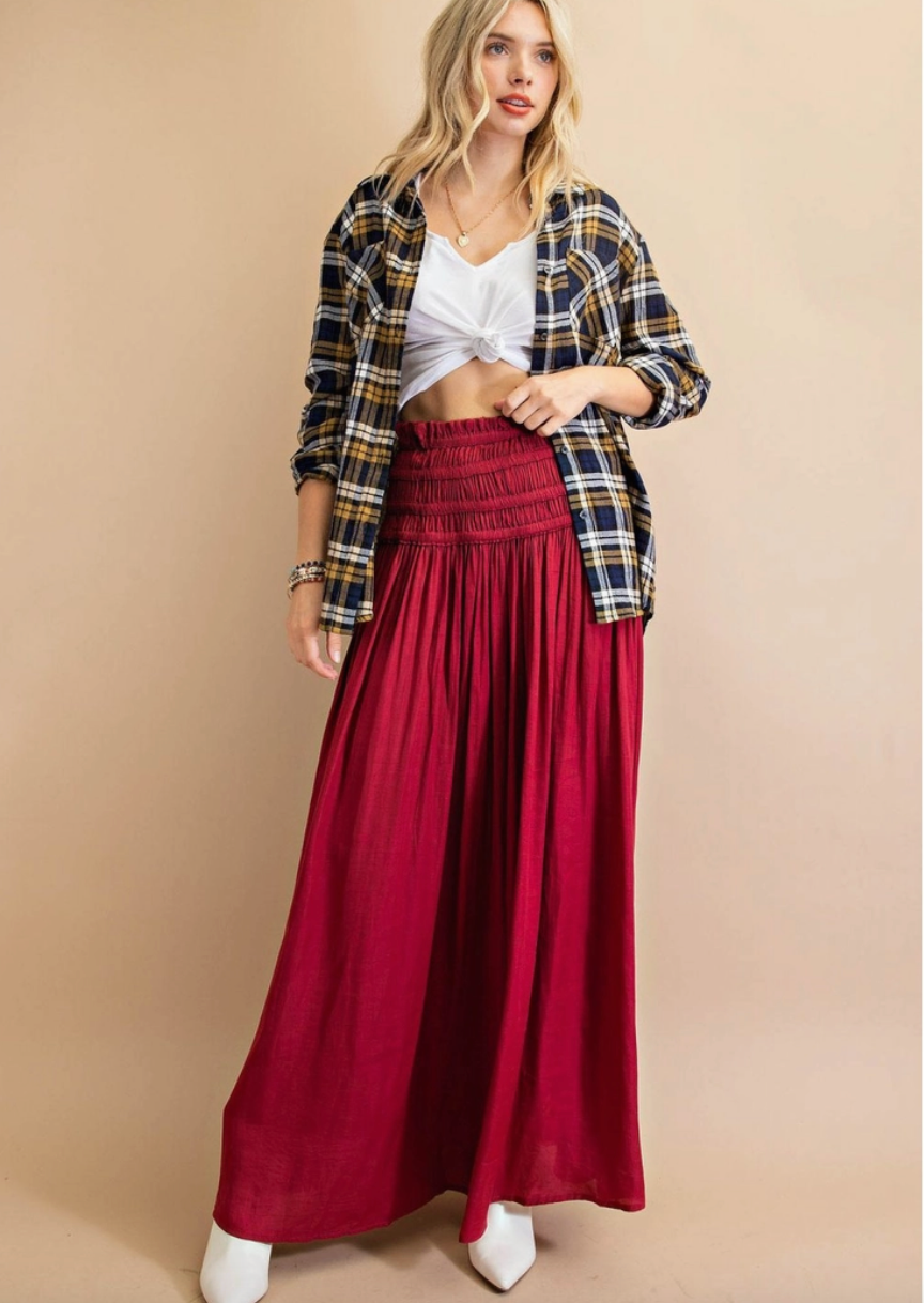Burgundy Soft Woven Four Line Elastic Maxi Skirt