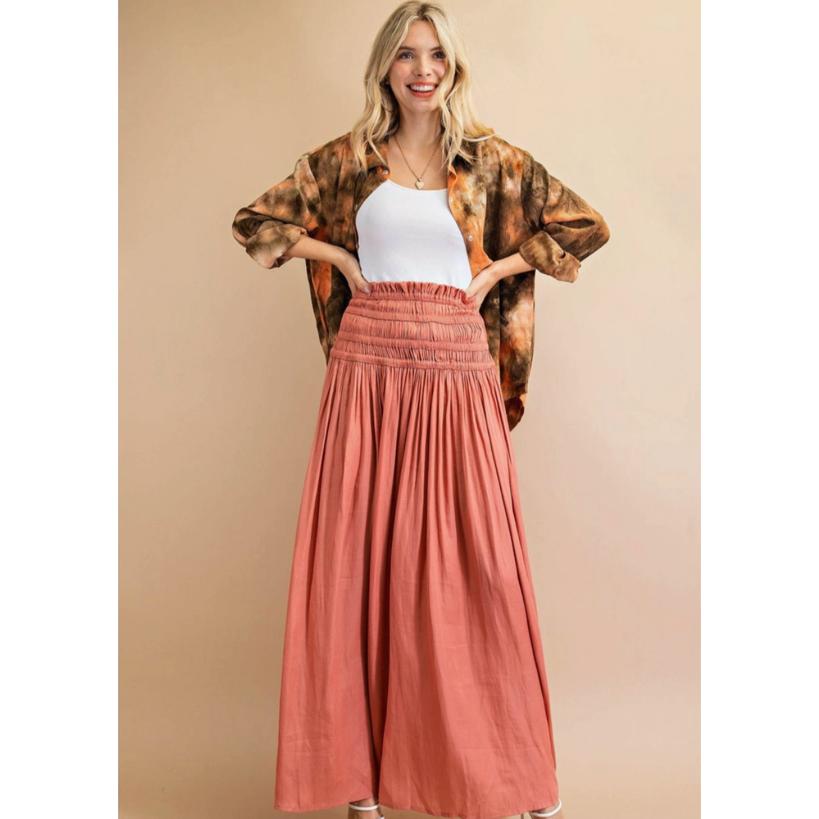 Brick Soft Woven Four Line Elastic Maxi Skirt