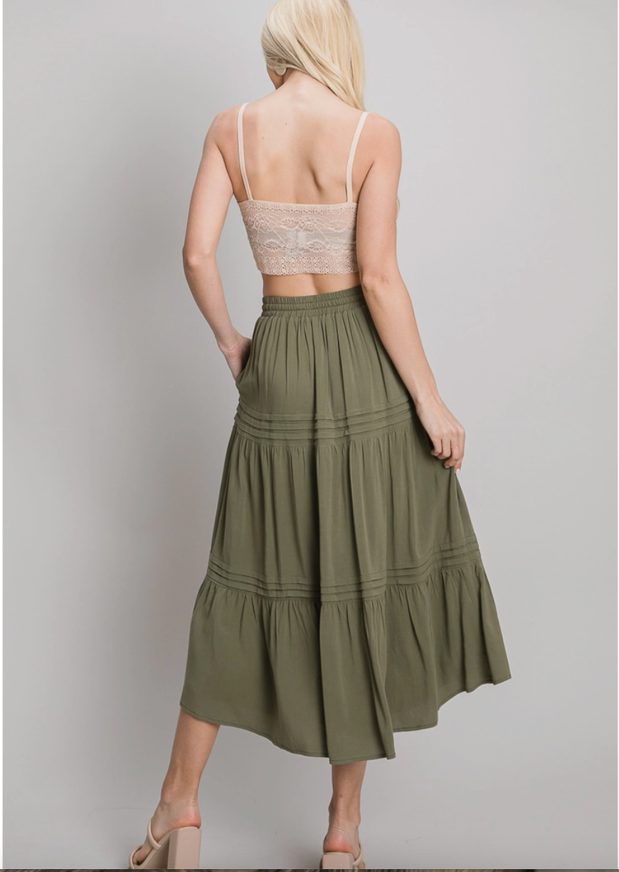 Olive Linen Tiered Midi Skirt