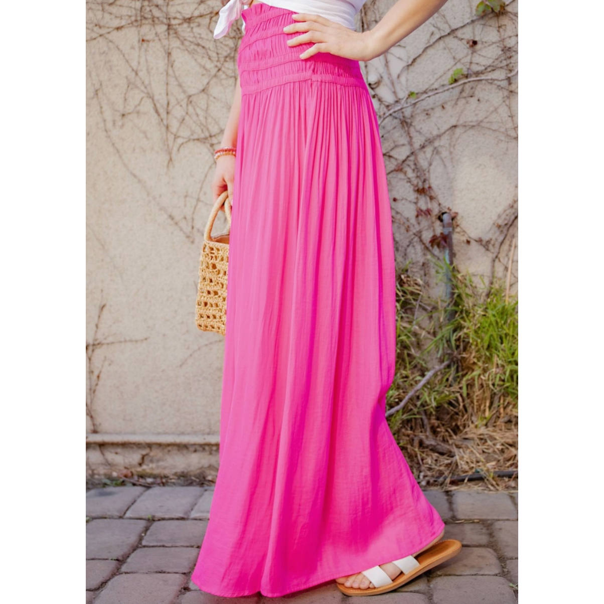 Hot Pink Soft Woven Four Line Elastic Maxi Skirt