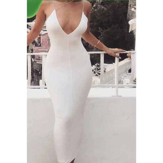White Deep V Asymmetrical Bodycon Dress