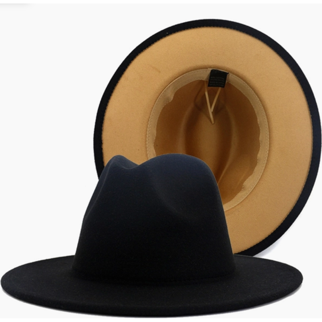 Black & Camel Wide Brim Hat