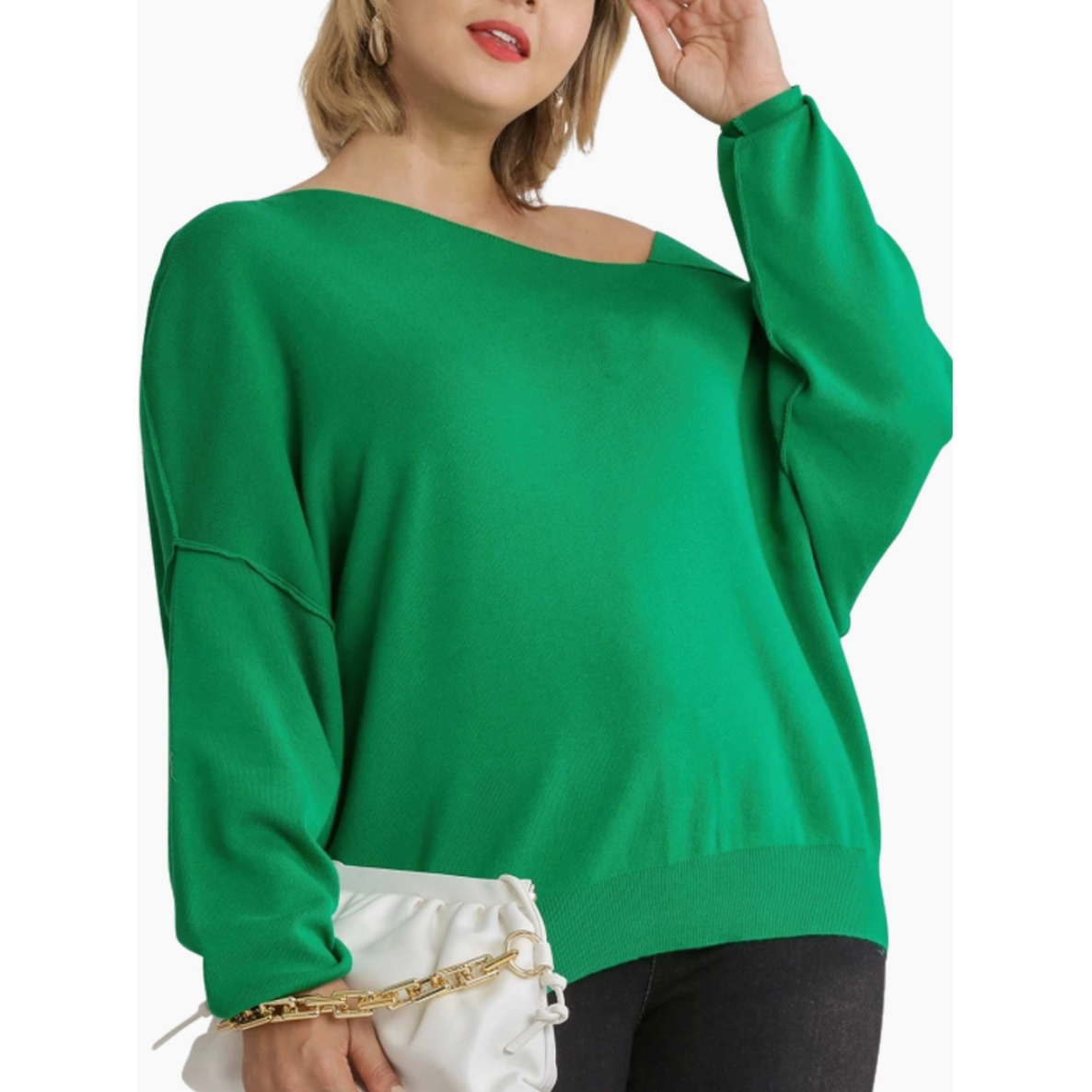 Green Slouchy Wide Sleeve Curvy Fit Sweater