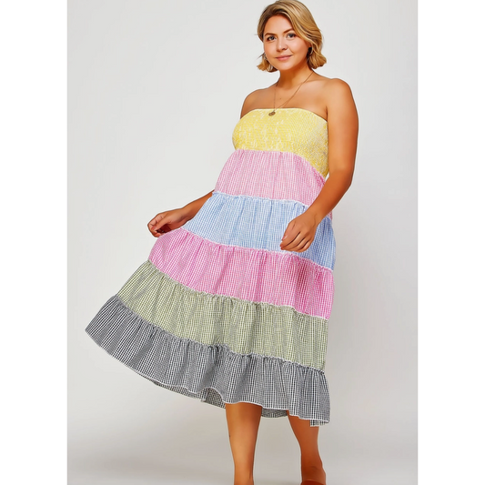 Tiered Smocked Gingham Convertible Curvy Fit Skirt Dress