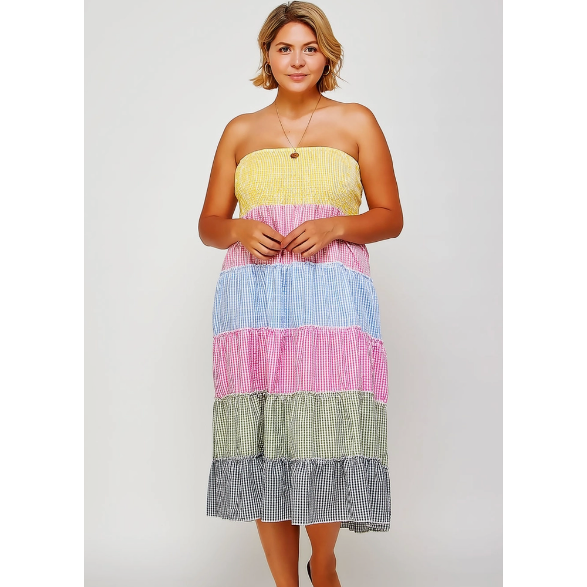 Tiered Smocked Gingham Convertible Curvy Fit Skirt Dress