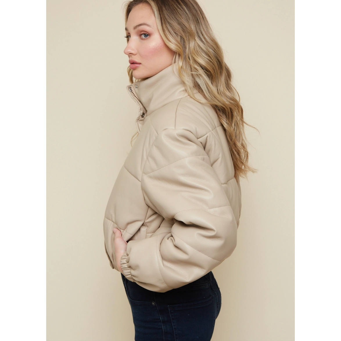 Cropped Vegan Leather Puffer Jacket