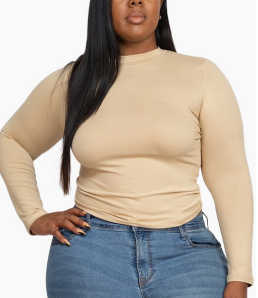 Mock Neck Curvy Fitted Top In Taupe