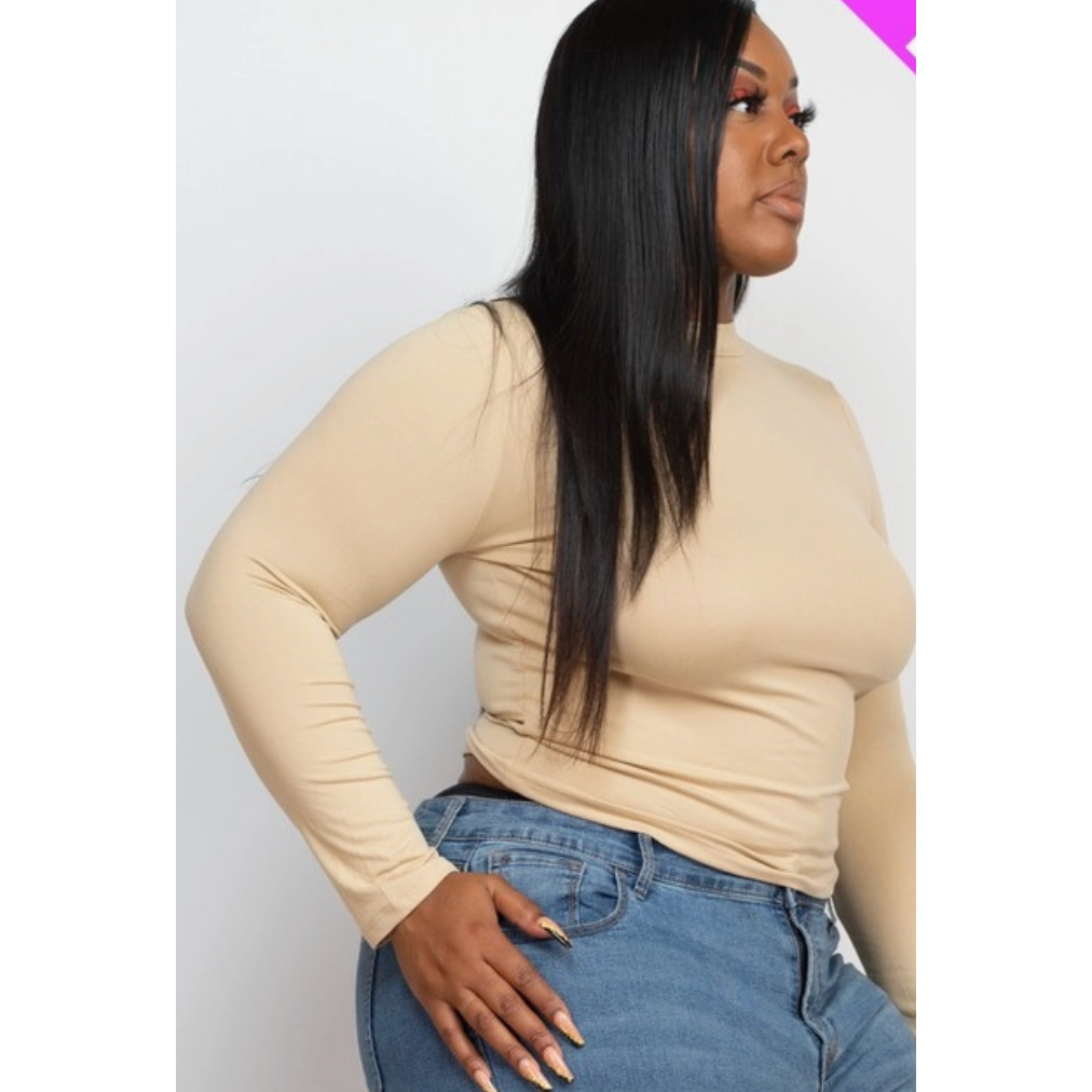 Mock Neck Curvy Fitted Top In Taupe