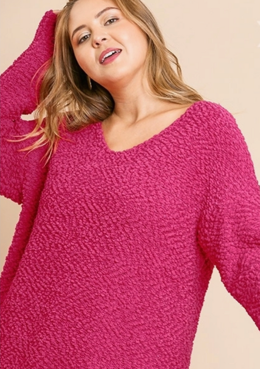 Hot Pink Curvy Fit Popcorn Sweater Top