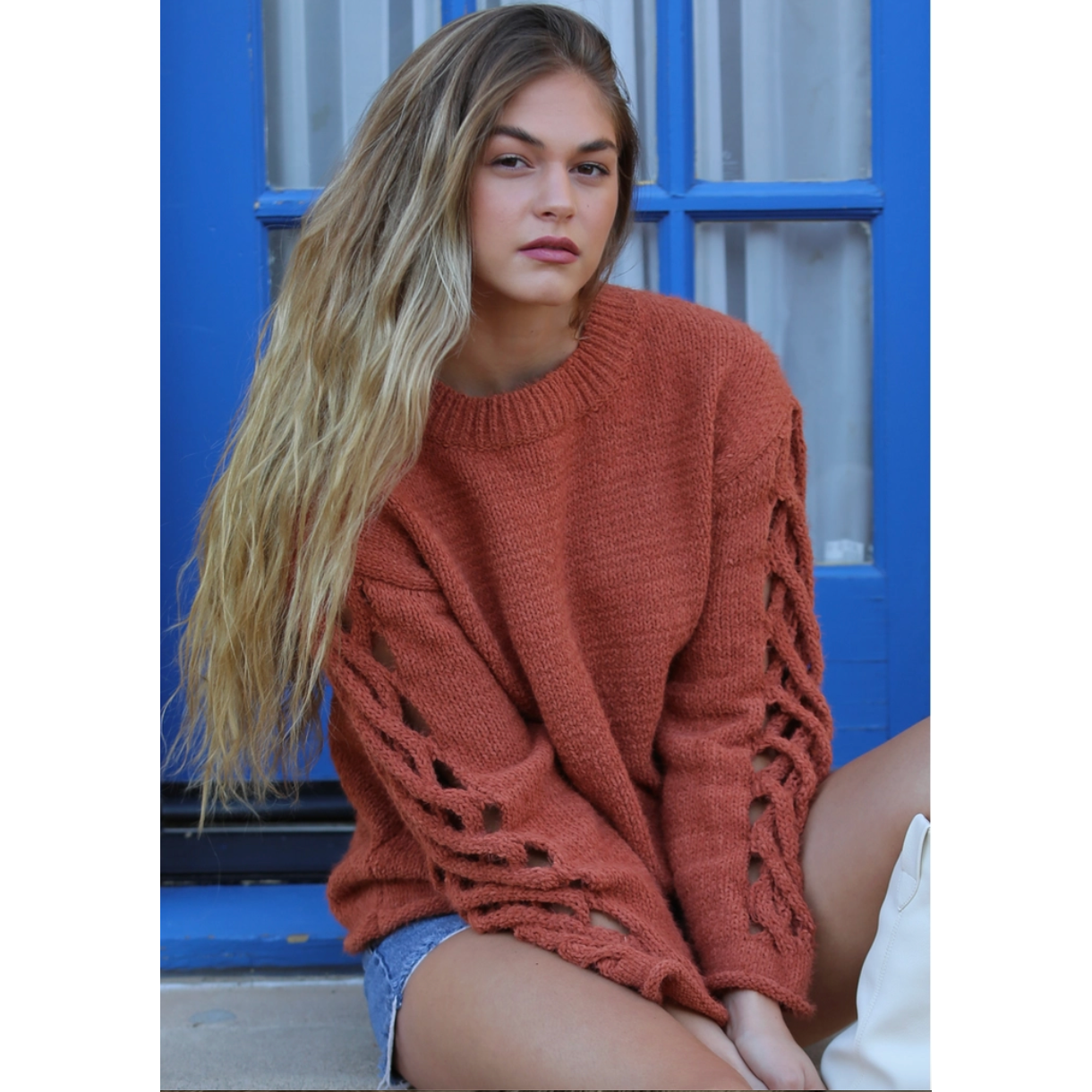 Rust Orange Lattice Sleeve Sweater