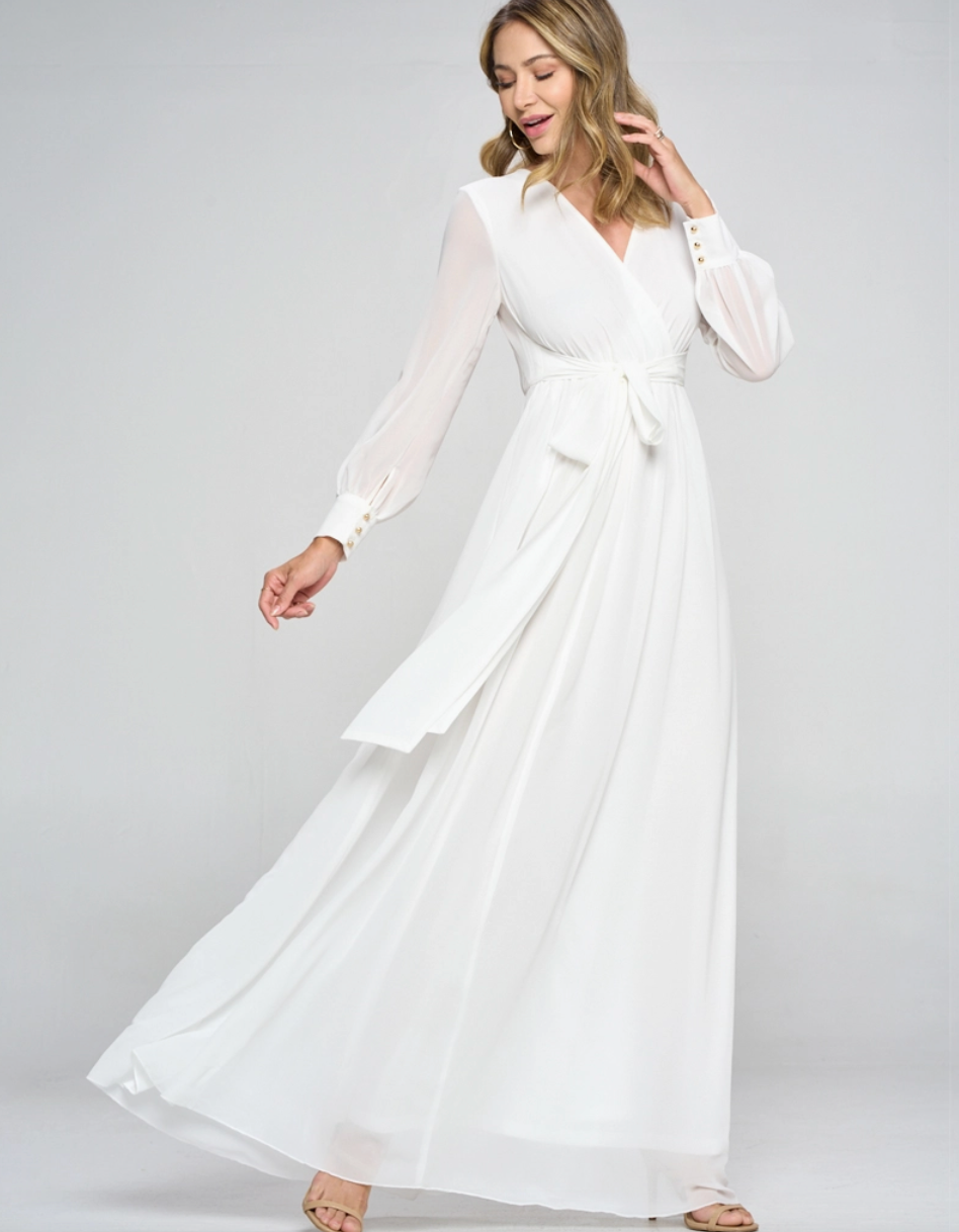 Solid White Long Sleeve Maxi Gown Dress