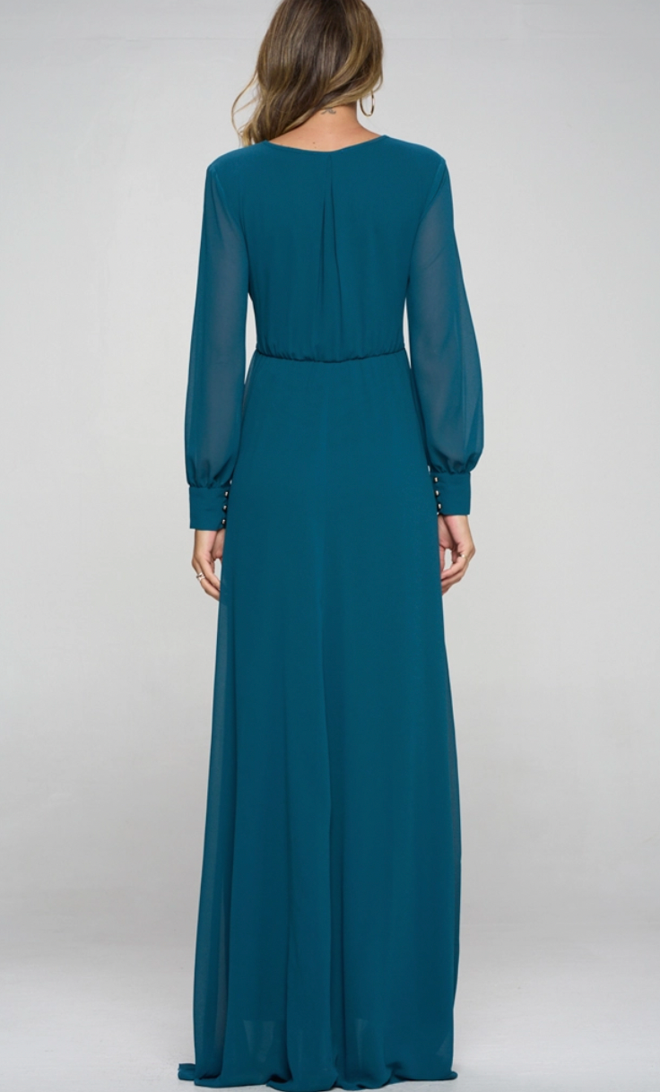 Teal Long Sleeve Maxi Gown Dress