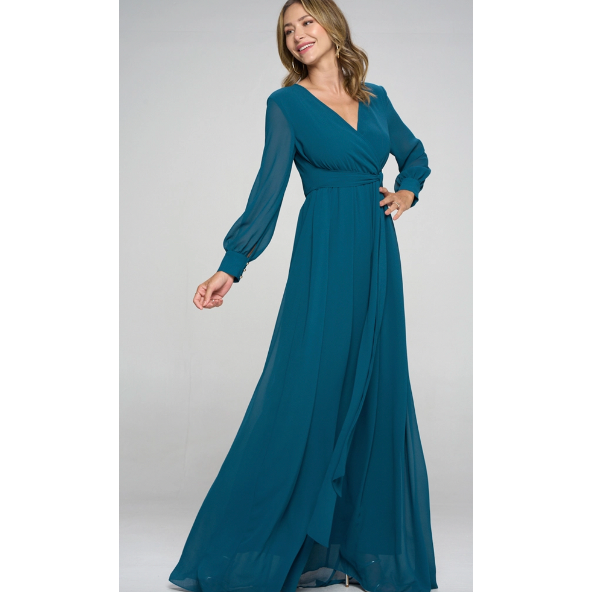 Teal Long Sleeve Maxi Gown Dress