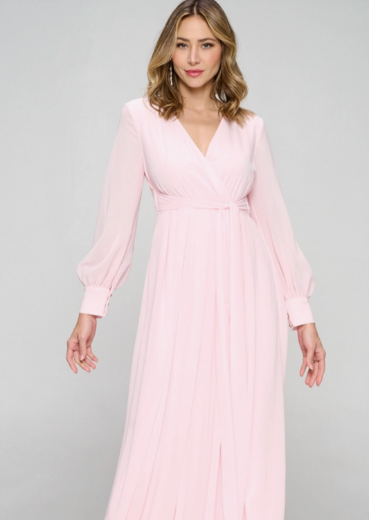 Solid Pink Long Sleeve Maxi Gown Dress