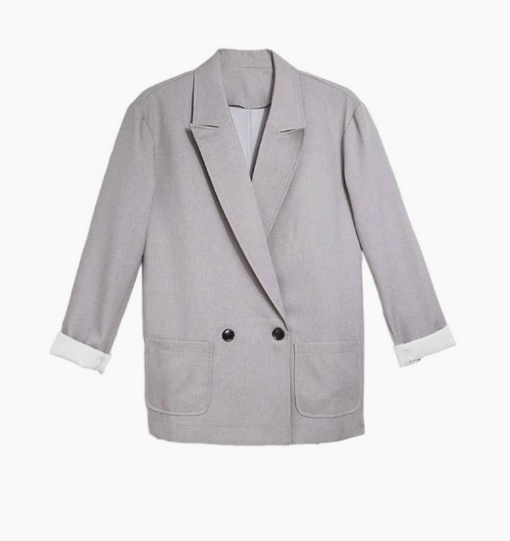 Grey Long Double Breasted Blazer With White Folded Cuff
