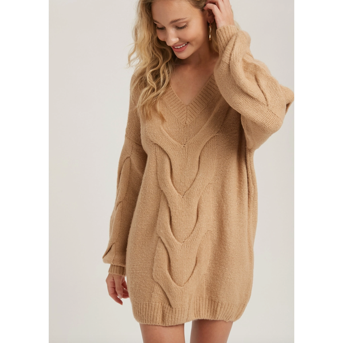 Camel Spiral Twist Cable Tunic Sweater