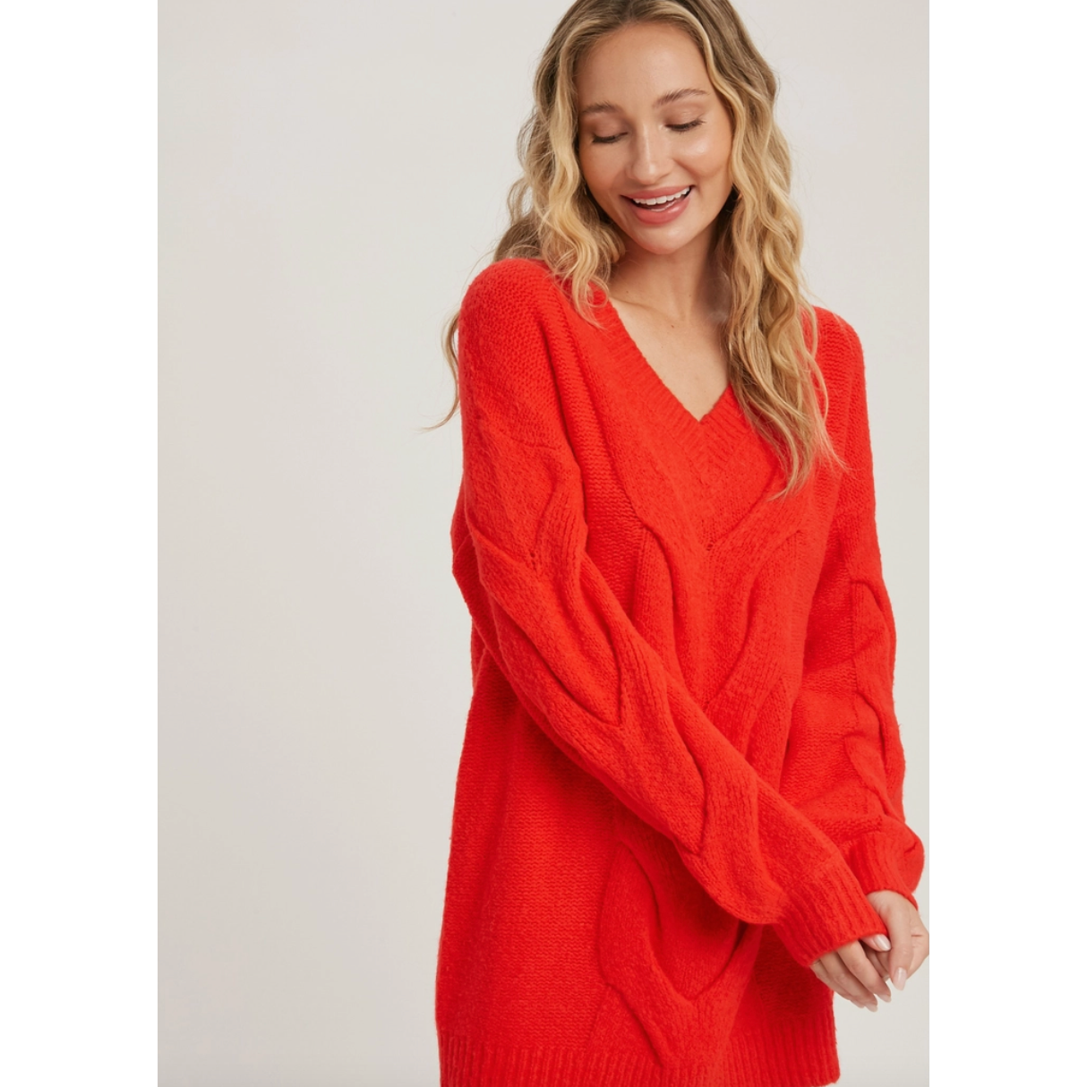 Red Spiral Twist Cable Tunic Sweater