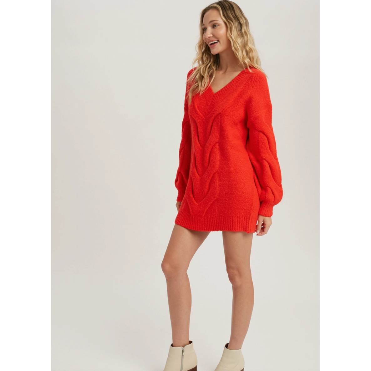 Red Spiral Twist Cable Tunic Sweater