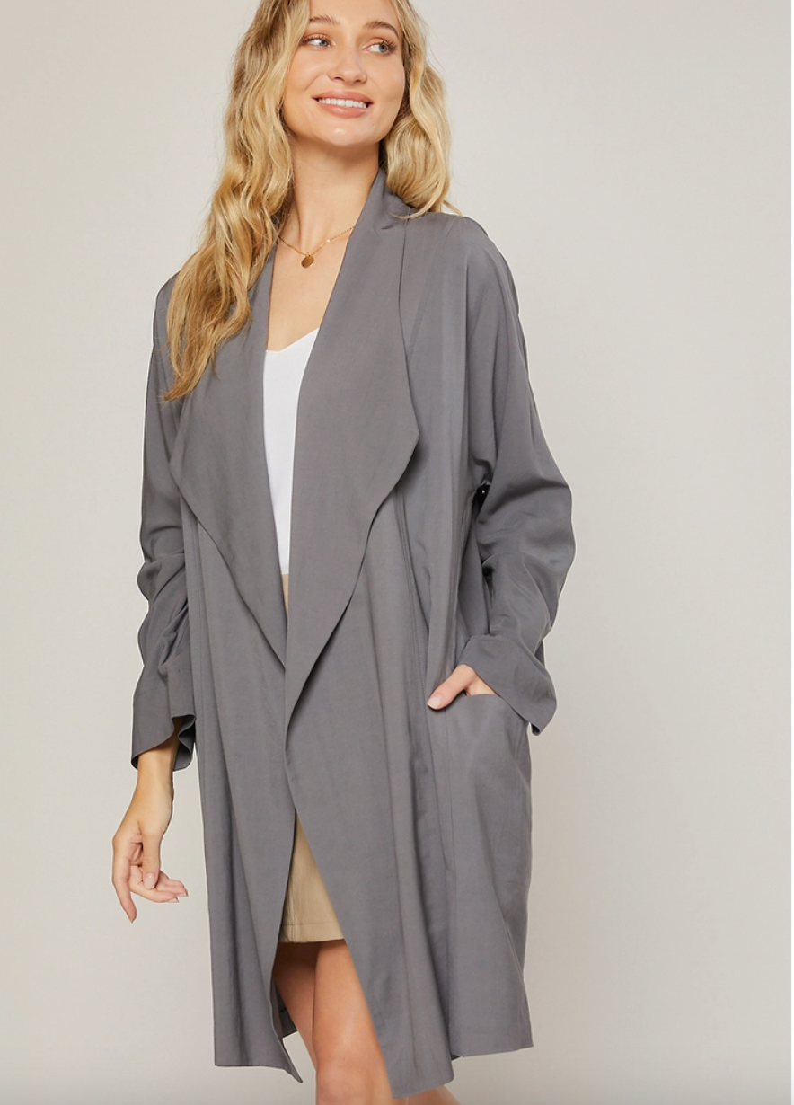 Gray Oversize Drape Front Trench Duster