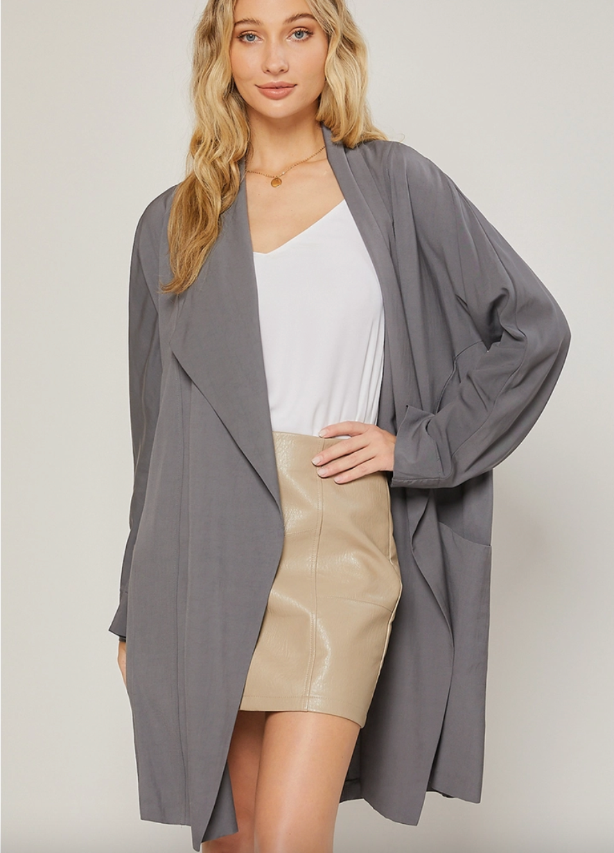 Gray Oversize Drape Front Trench Duster
