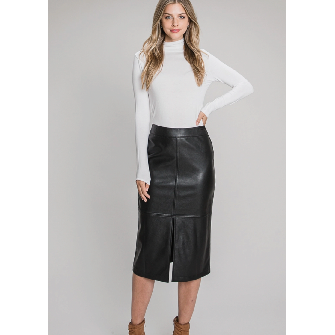 Black Faux Leather Midi Skirt