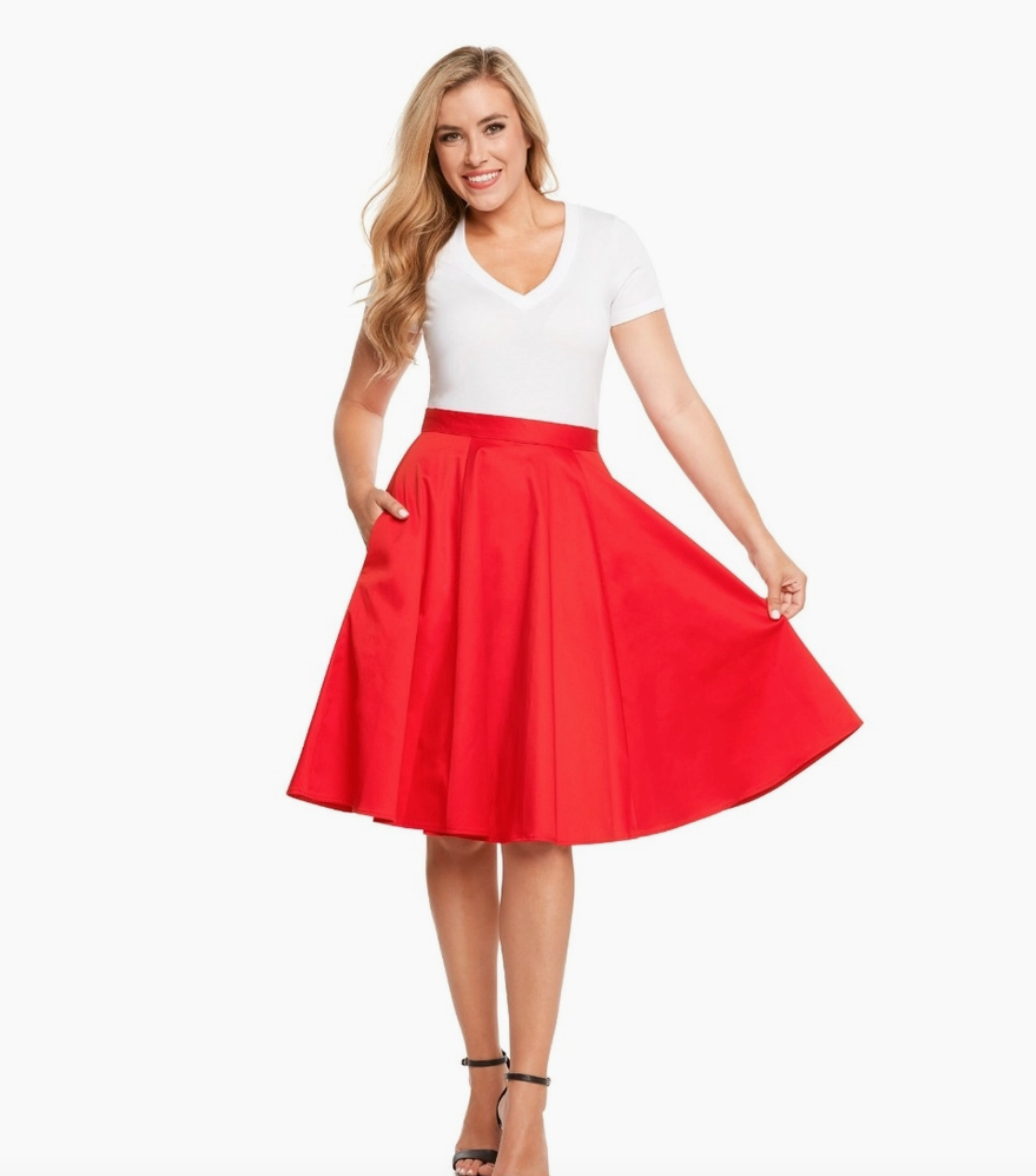 Red Classic Pleated Midi Skirt With Pockets
