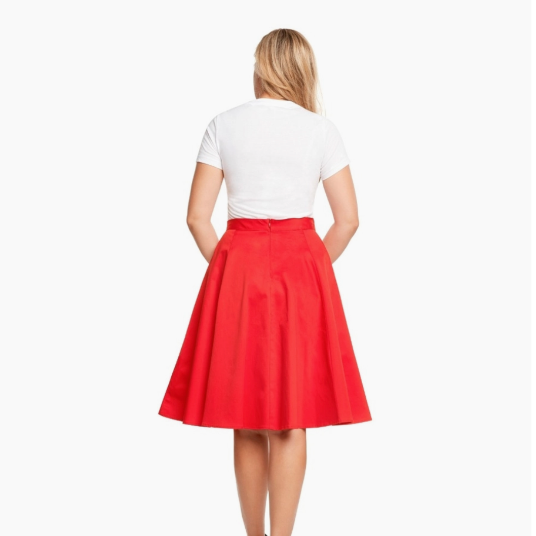 Red Classic Pleated Midi Skirt With Pockets