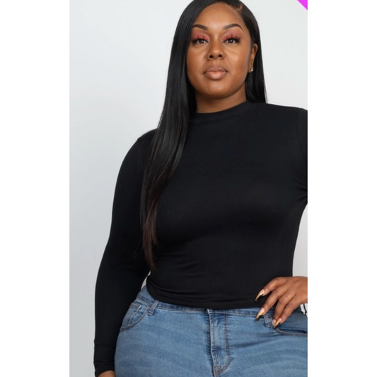 Mock Neck Curvy Fitted Top in Black