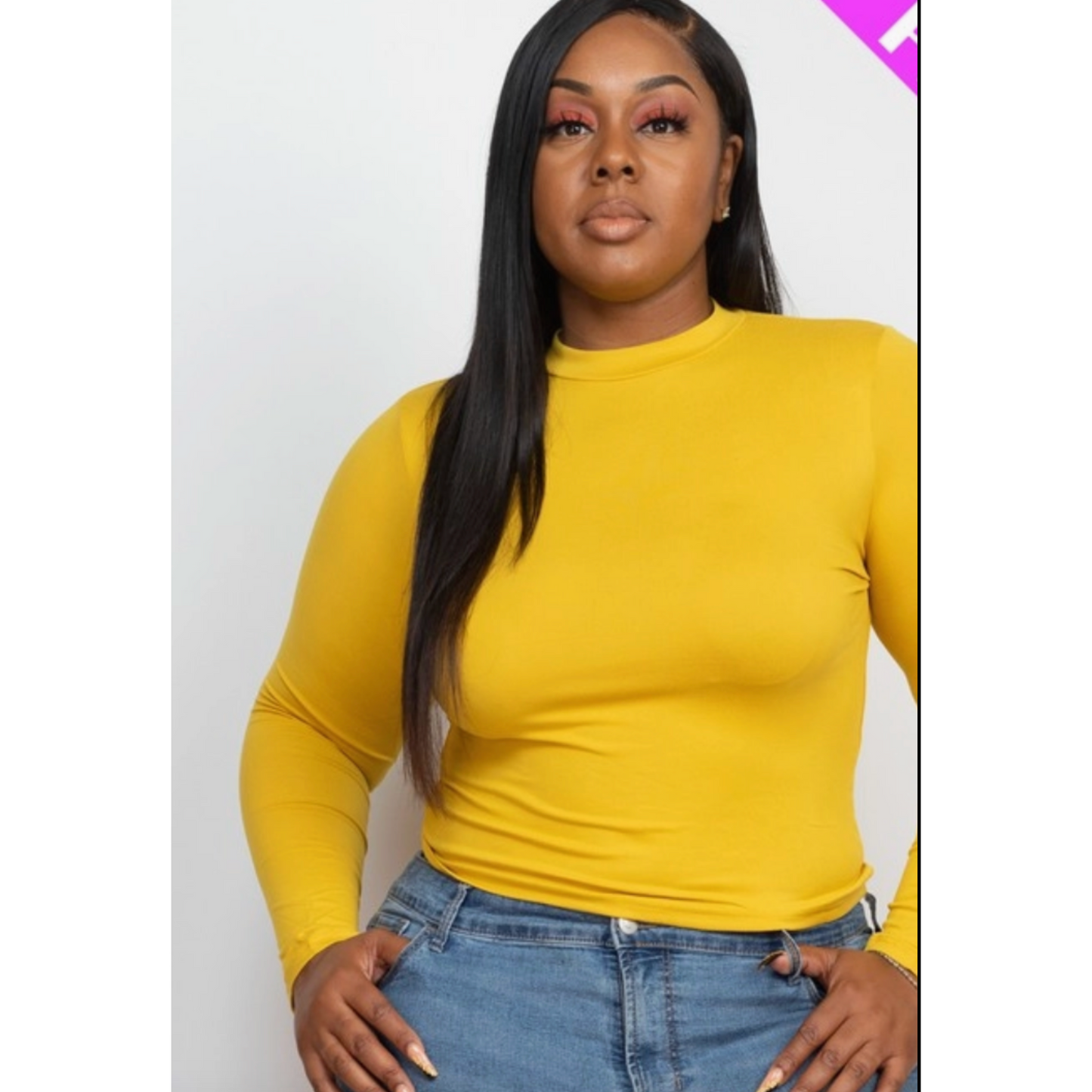Mock Neck Curvy Fitted Top In Mustard