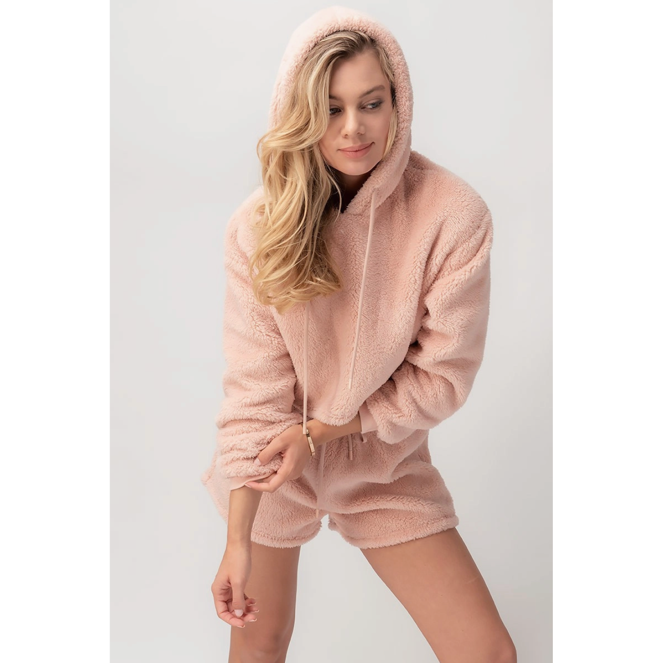 Pink Fleece Cropped Hoodie & Shorts Loungewear Set