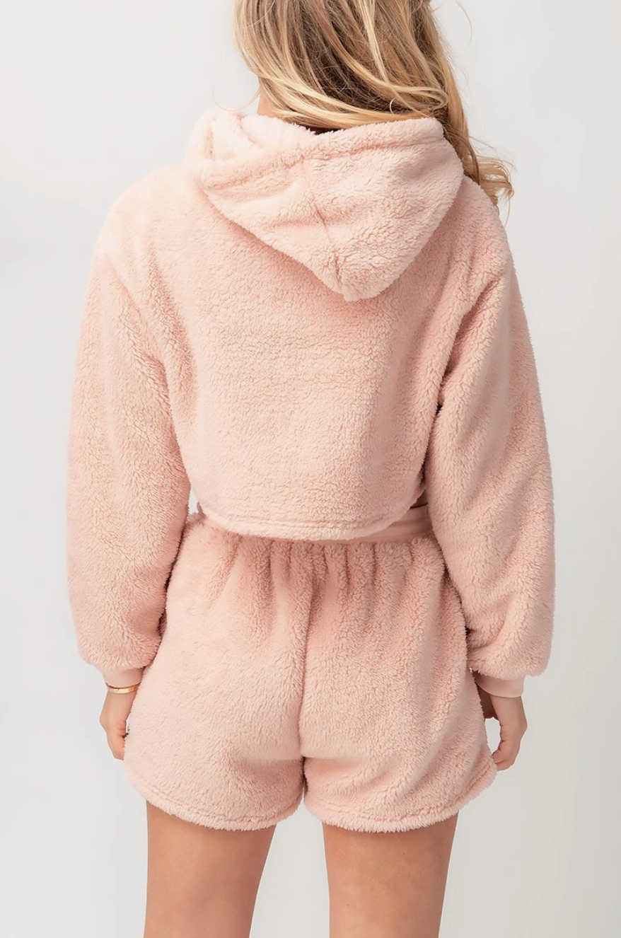 Pink Fleece Cropped Hoodie & Shorts Loungewear Set