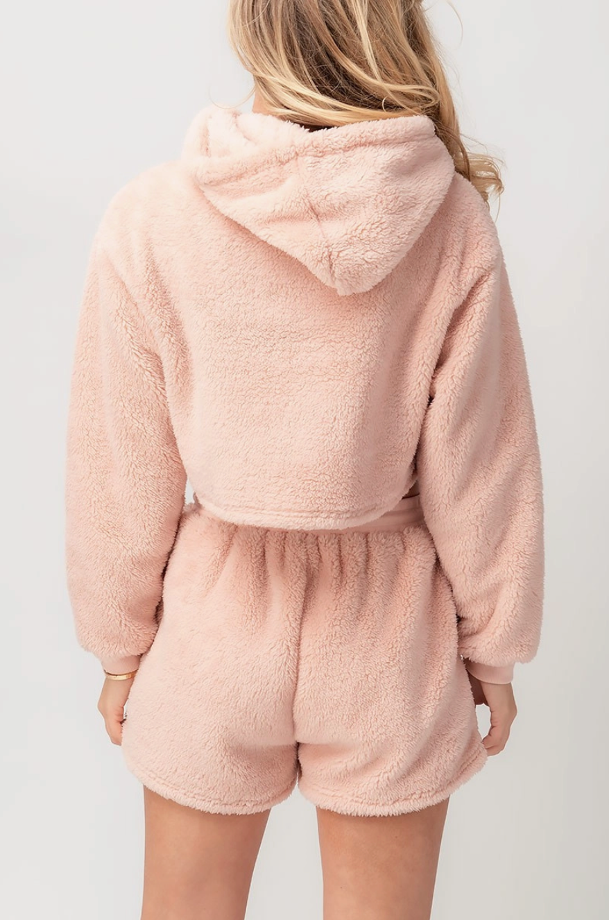 Pink Fleece Cropped Hoodie Shorts Loungewear Set Lilla Cavallo