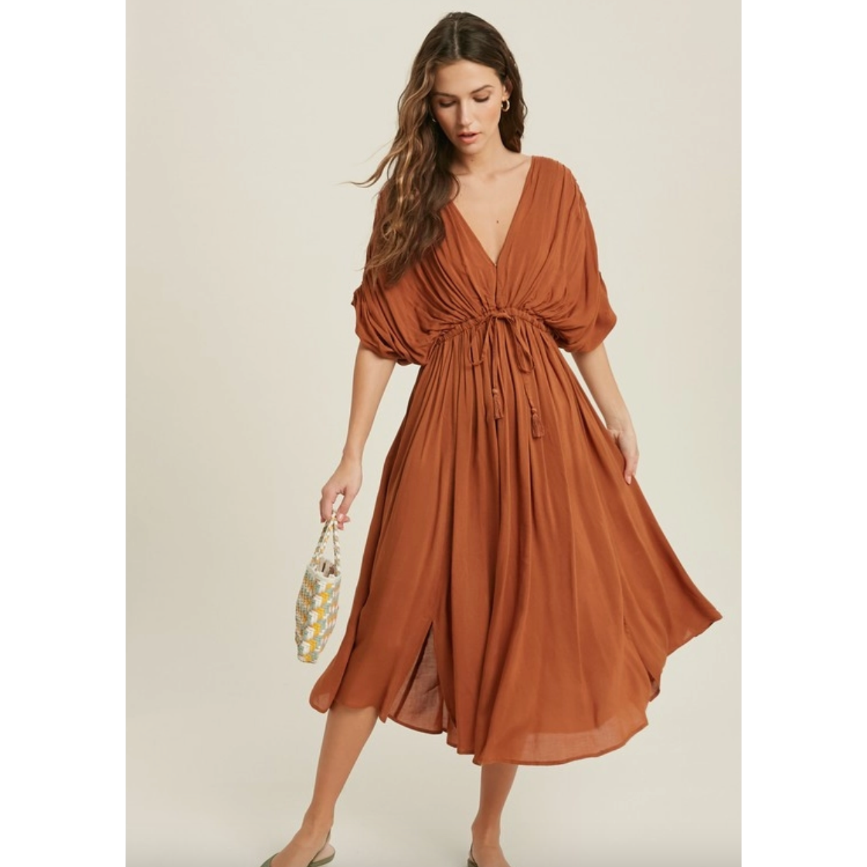 Shirring Dolman Sleeve Tassel Midi Dress