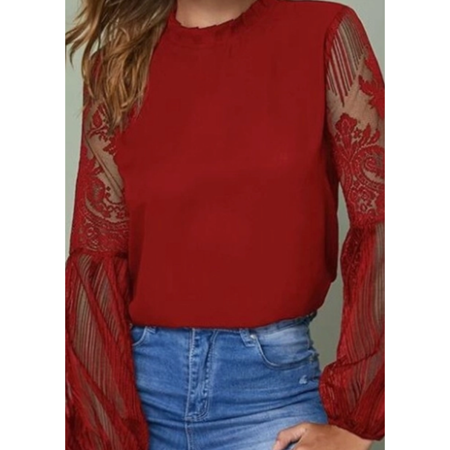 Burgundy Sweet Lace Splicing Long Sleeve Blouse