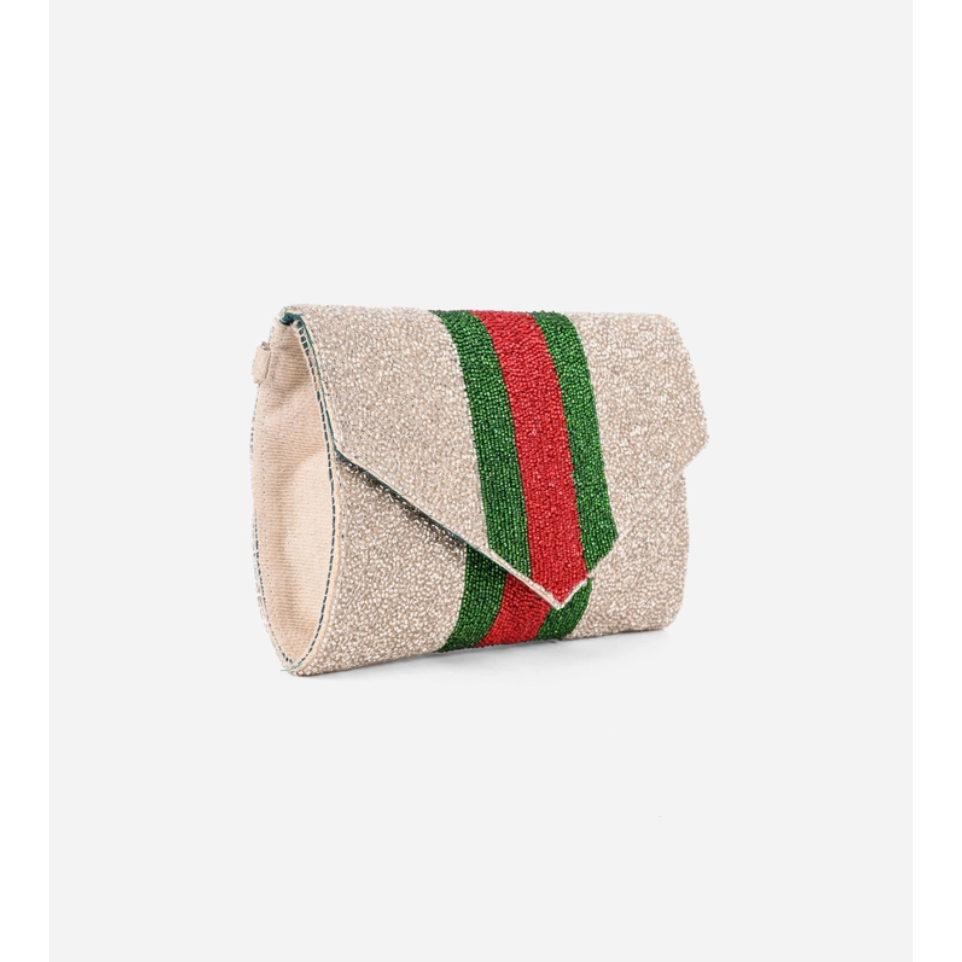 Green & Red Striped Beaded Clutch