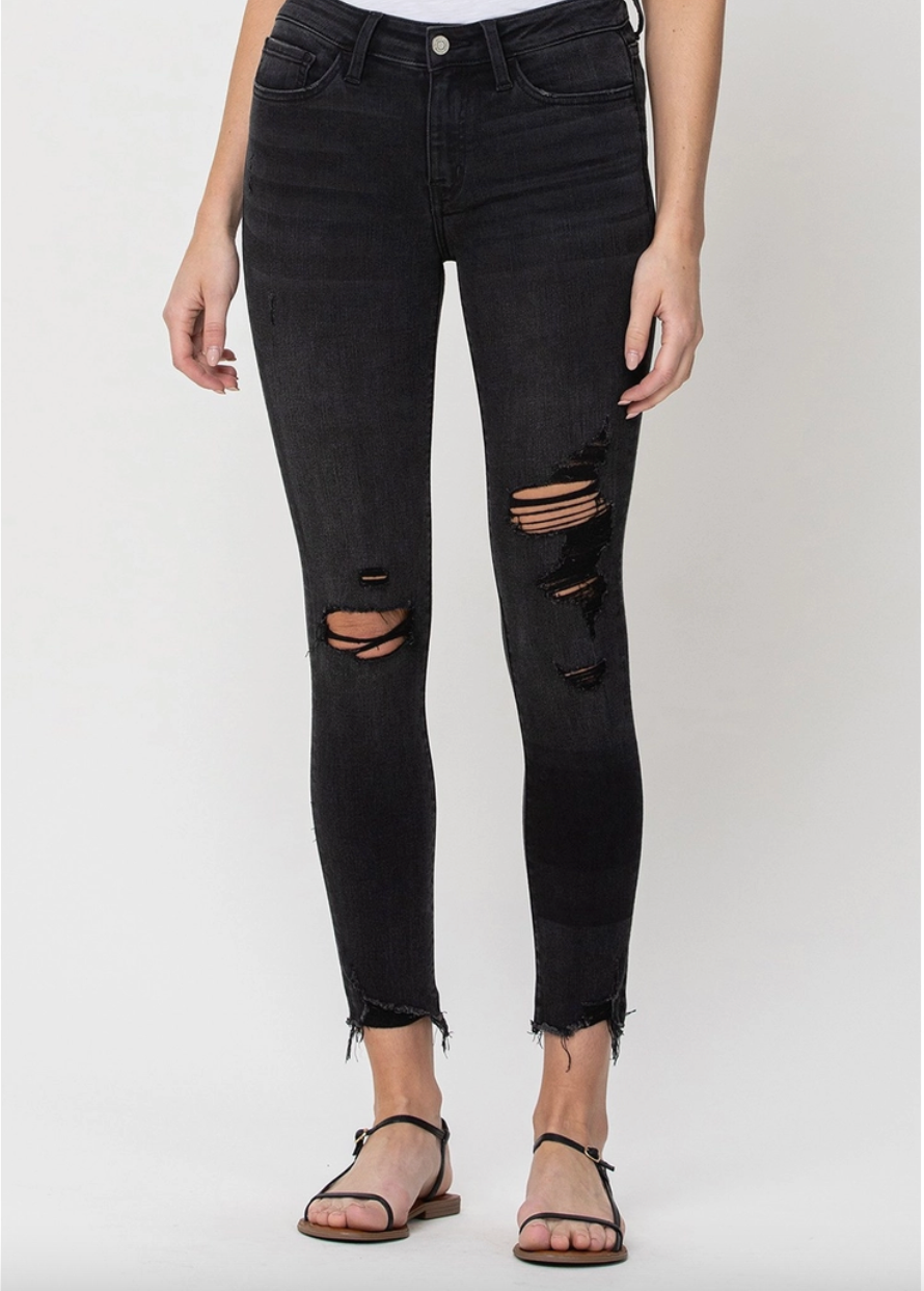 Mid Rise Distressed Raw Hem Crop Skinny Jeans