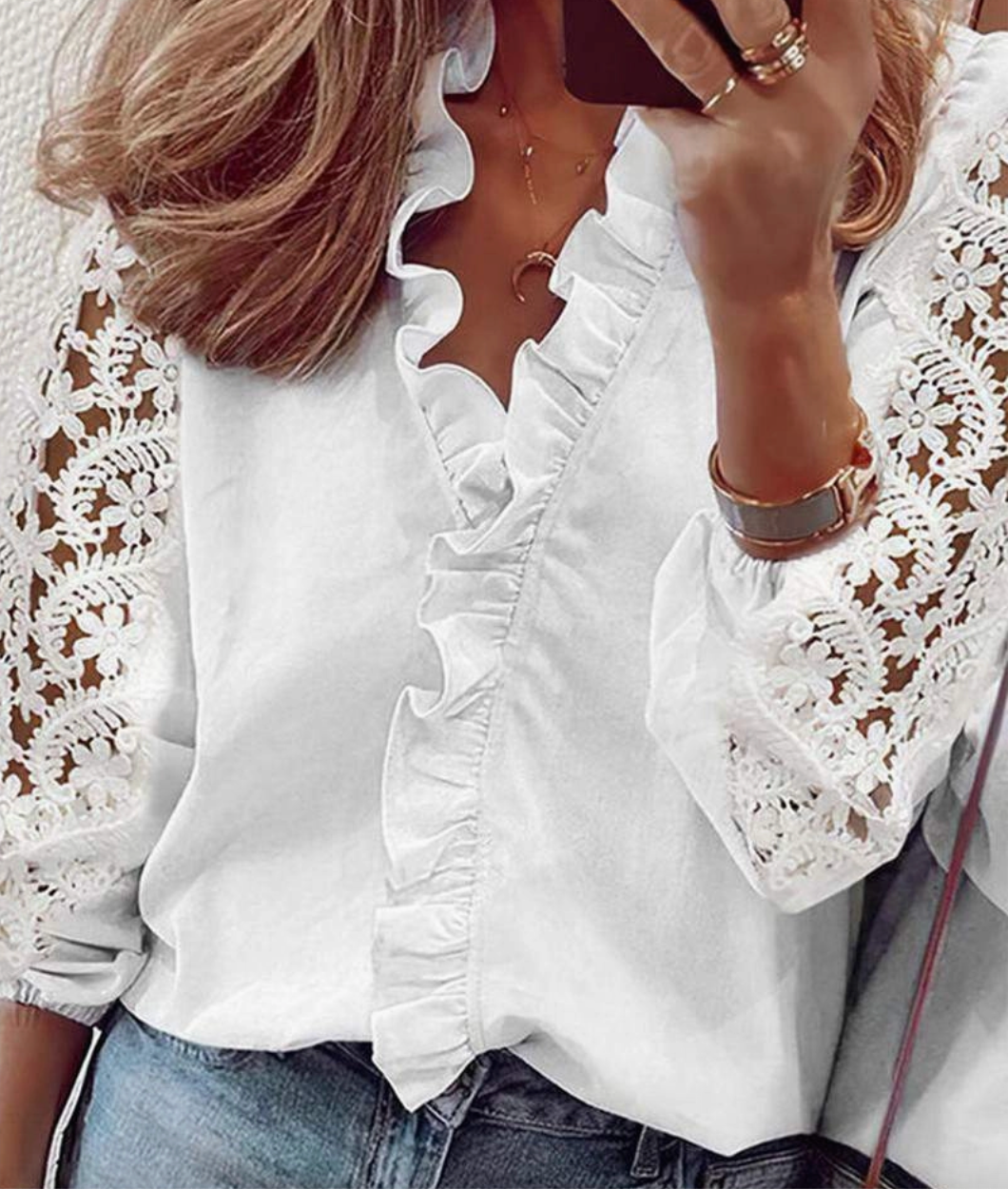White Lace Sleeves and Ruffled Collar Blouse